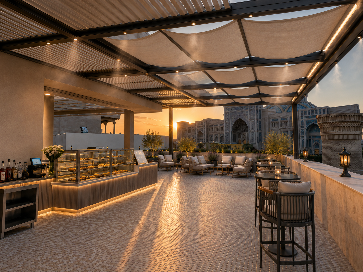 Concept visualization of the rooftop cafe at sunset