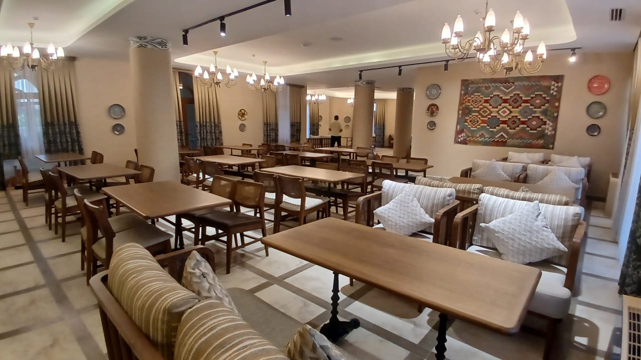 Spacious restaurant interior with Uzbek decorative details